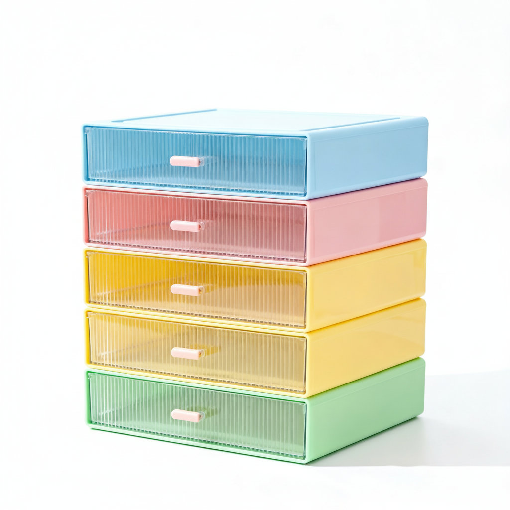 Pastel blue pink yellow and green multi-drawer desktop organizer on a white background