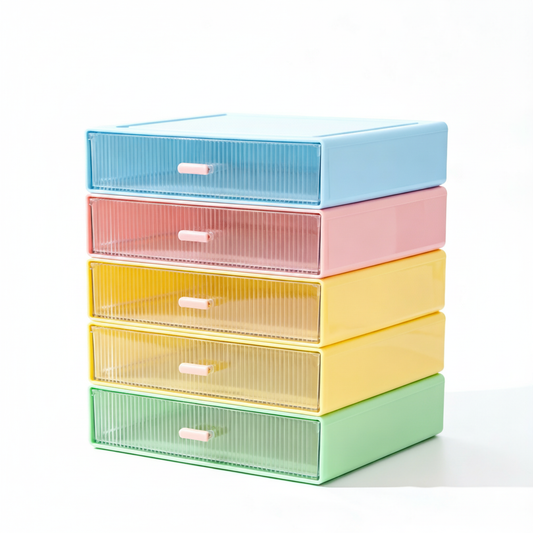 Pastel blue pink yellow and green multi-drawer desktop organizer on a white background