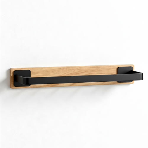 Light oak and black metal wall-mounted display shelf on a white background