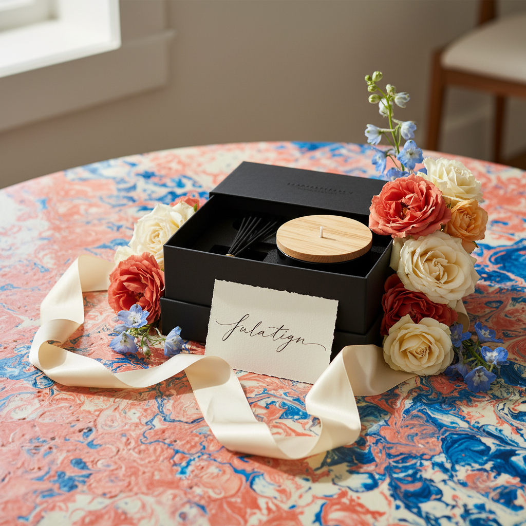 Home fragrance gift set in a black presentation box styled with flowers and ribbon