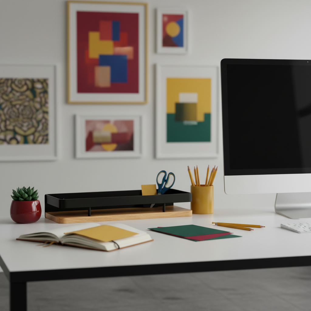 Black metal and wood desktop organizer stand in a colorful creative studio workspace