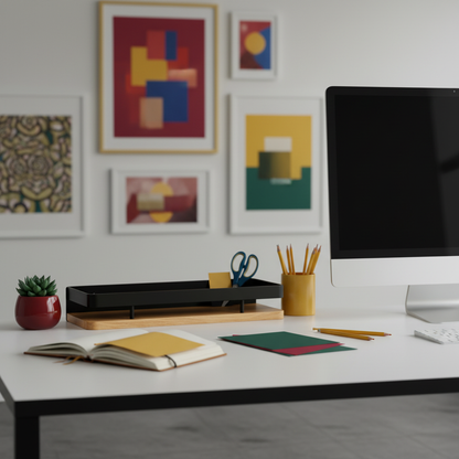 Black metal and wood desktop organizer stand in a colorful creative studio workspace