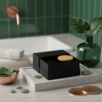 Black fragrance gift box and wood-lid jar styled beside towels and green leaves in a spa bathroom