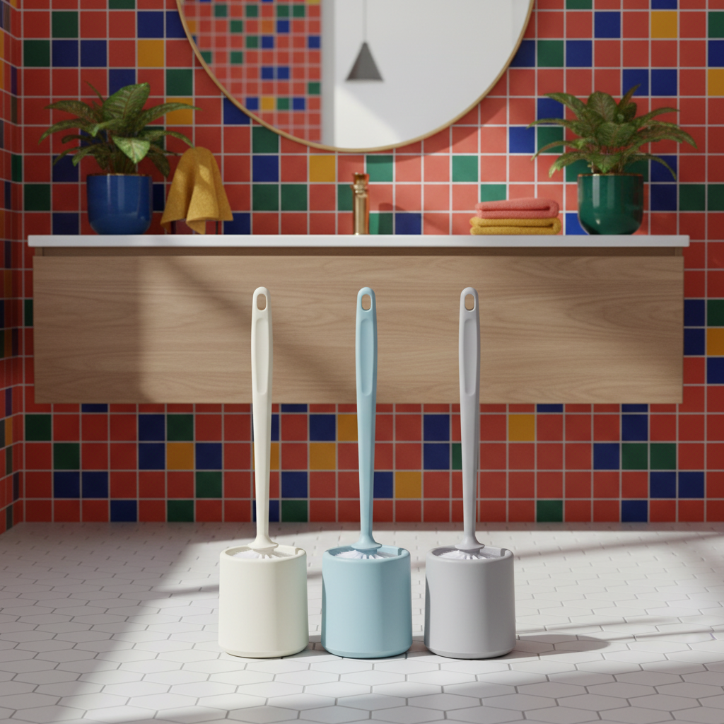 Three colorful toilet brushes displayed in a contemporary bathroom with bright accents