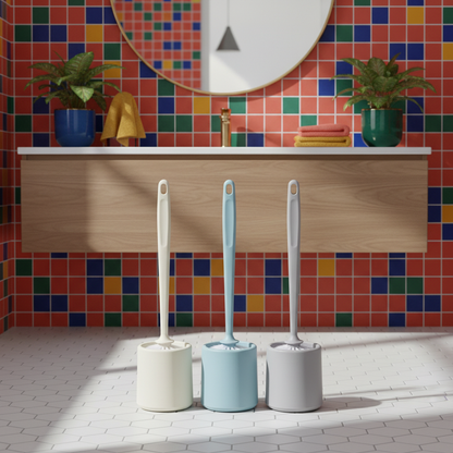 Three colorful toilet brushes displayed in a contemporary bathroom with bright accents