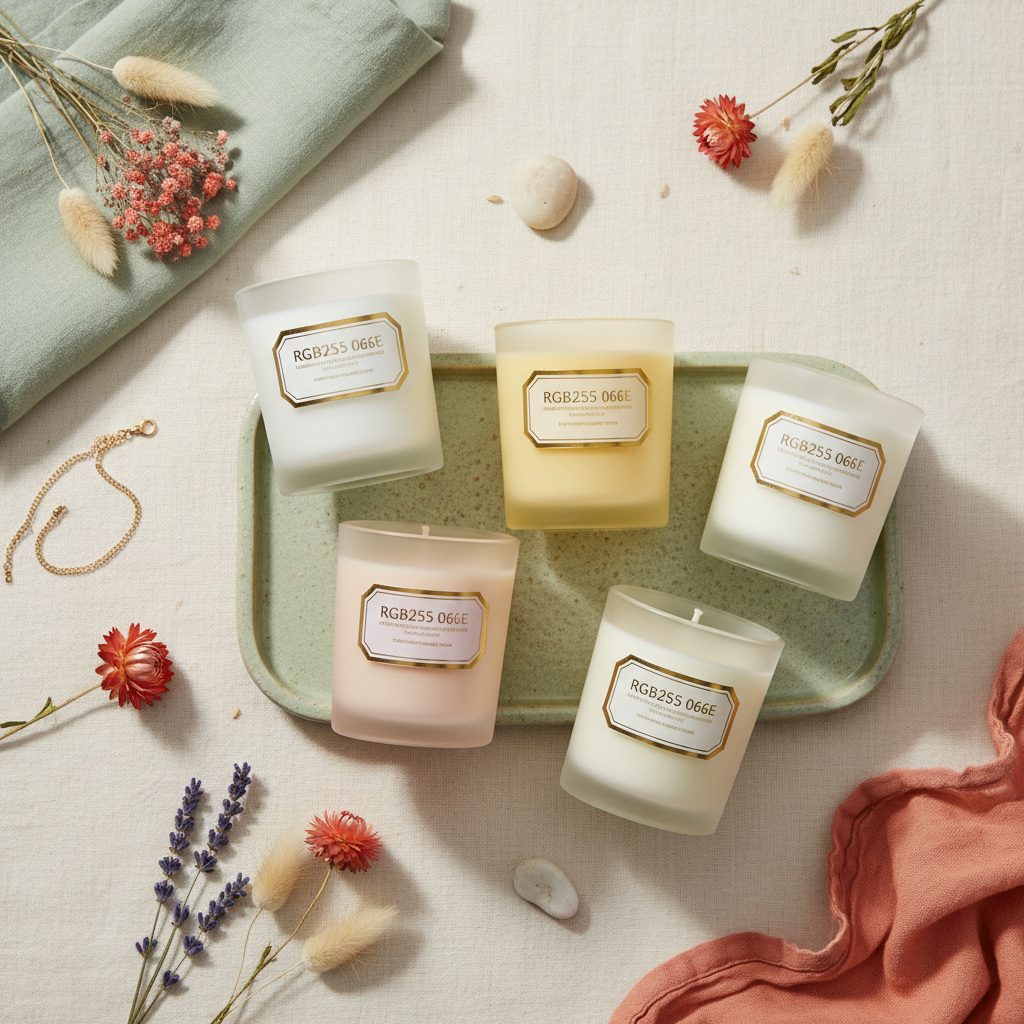 Five frosted glass scented candles arranged with dried flowers, linen and a ceramic tray