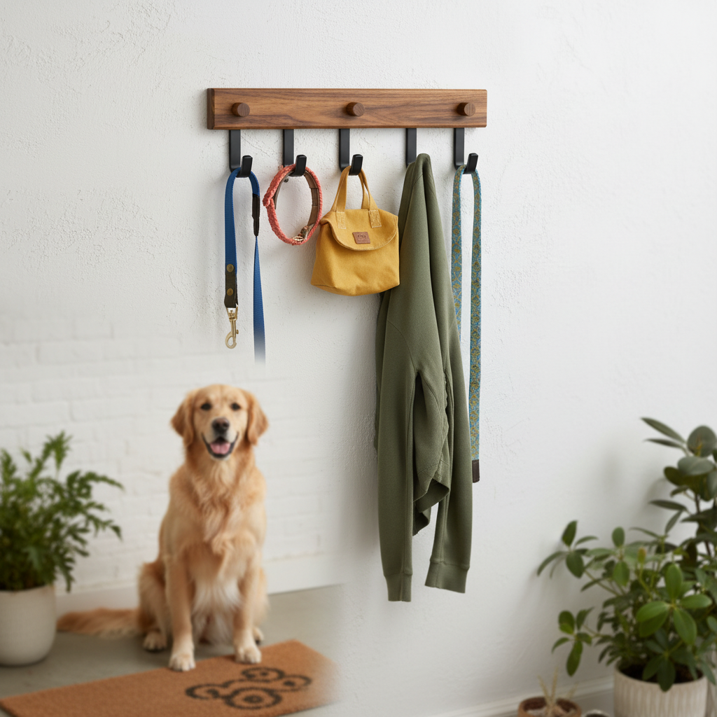 Five-hook wall-mounted coat rack holding dog leashes and walking accessories