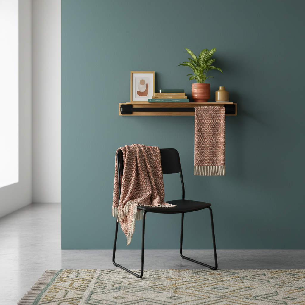 Oak and black wall shelf styled with books, framed art, plant, and ceramics
