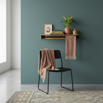 Oak and black wall shelf styled with books, framed art, plant, and ceramics