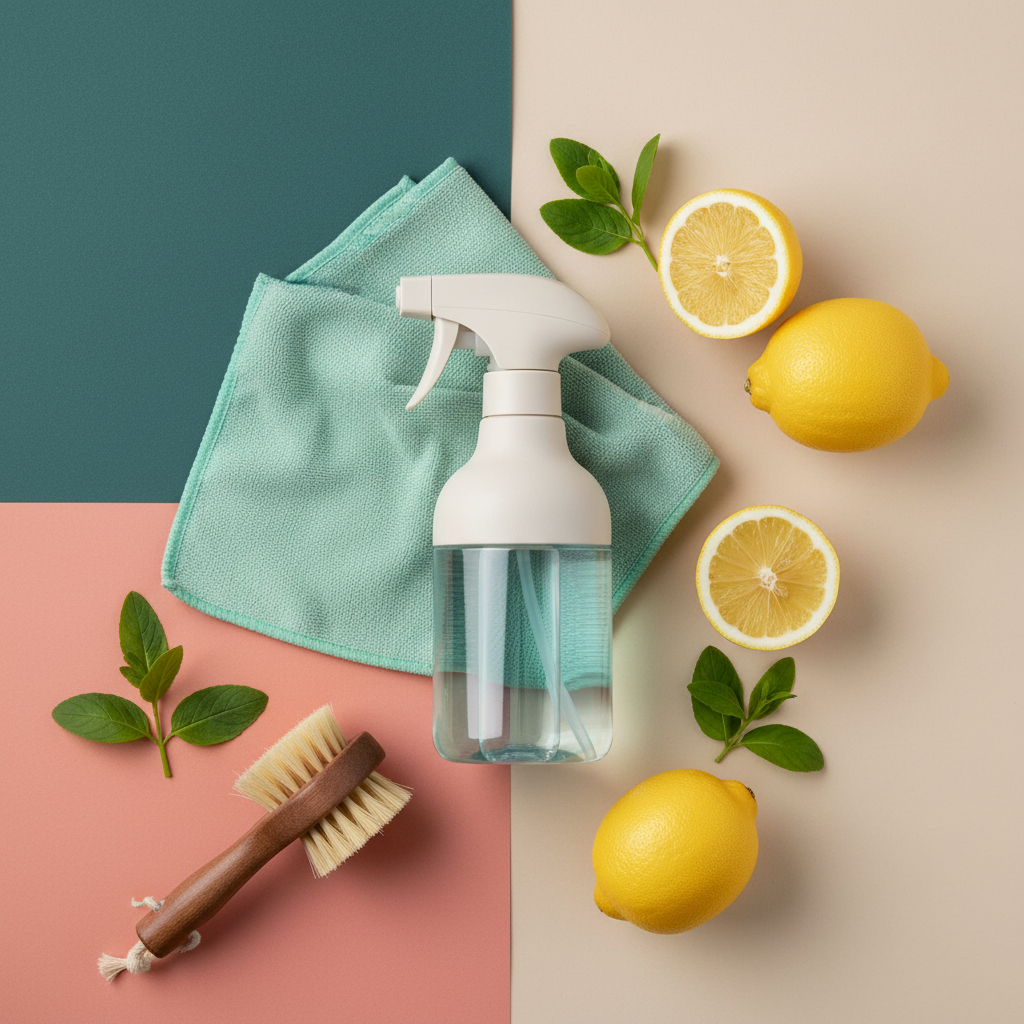 Clear refillable spray bottle surrounded by a cloth, brush, lemons and green leaves in a colorful flat lay