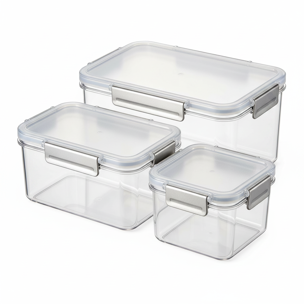 Clear rectangular food storage containers with transparent lids and silver-gray side clips on a white background