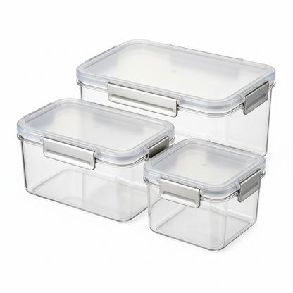 Clear rectangular food storage containers with transparent lids and silver-gray side clips on a white background