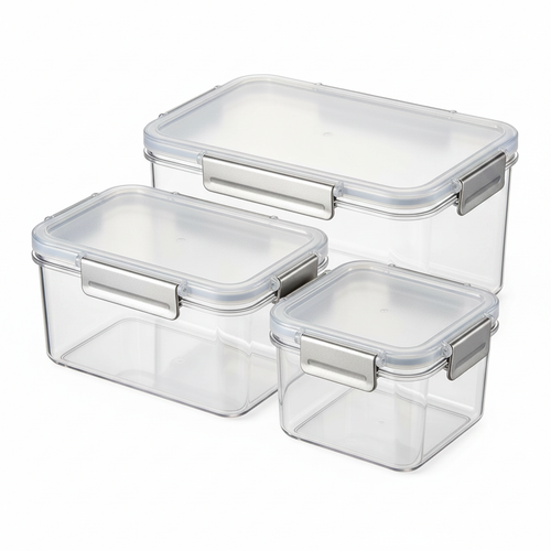 Clear rectangular food storage containers with transparent lids and silver-gray side clips on a white background