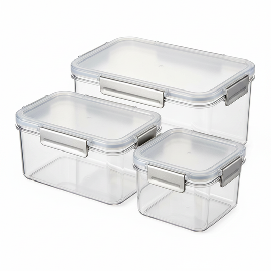 Clear rectangular food storage containers with transparent lids and silver-gray side clips on a white background