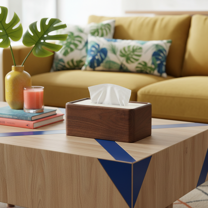 Walnut wood tissue box cover styled on a colorful living room coffee table