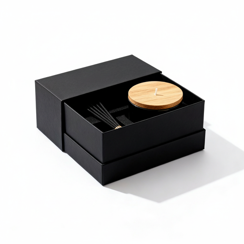 Black presentation box with a wood-lid home fragrance jar and dark accessory on a white background