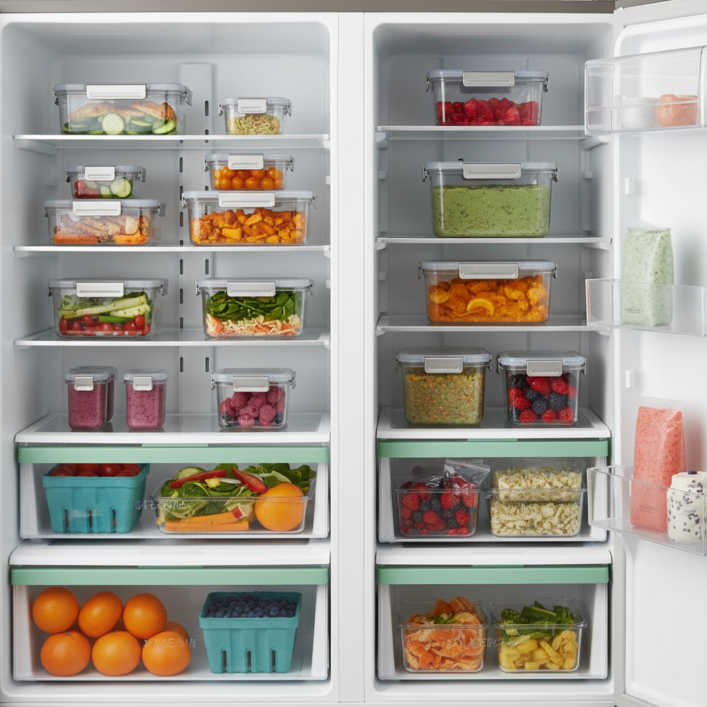 Clear food storage containers arranged with prepared ingredients in a clean modern kitchen
