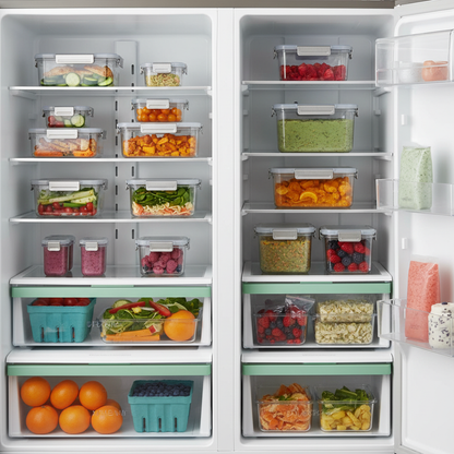 Clear food storage containers arranged with prepared ingredients in a clean modern kitchen