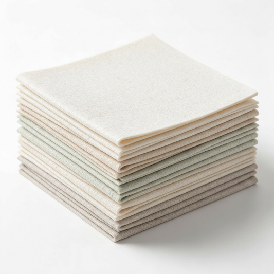 Neatly folded stack of soft reusable cleaning cloths in neutral cream, beige and pale green tones