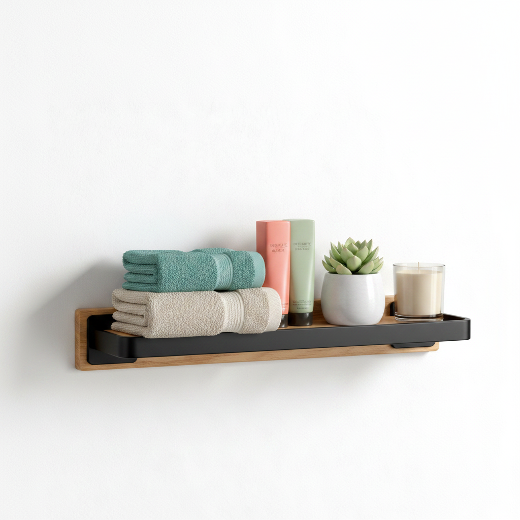 Oak and black wall shelf in a bathroom holding towels, skincare, plant, and candle