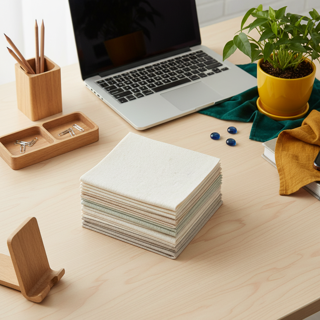 Reusable cleaning cloths folded beside a laptop, desk accessories and a small plant