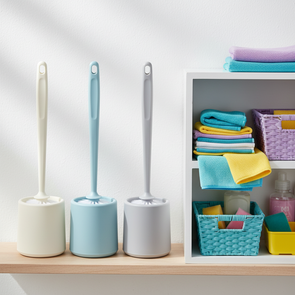 Colorful toilet brush set arranged beside bathroom cleaning storage