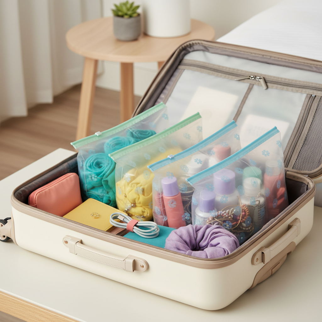 Clear floral zip storage bags organizing travel items inside an open suitcase