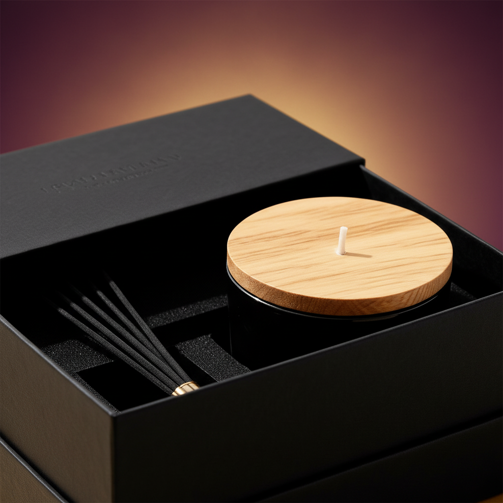 Close-up of the wood lid, dark jar, black box texture and included accessory