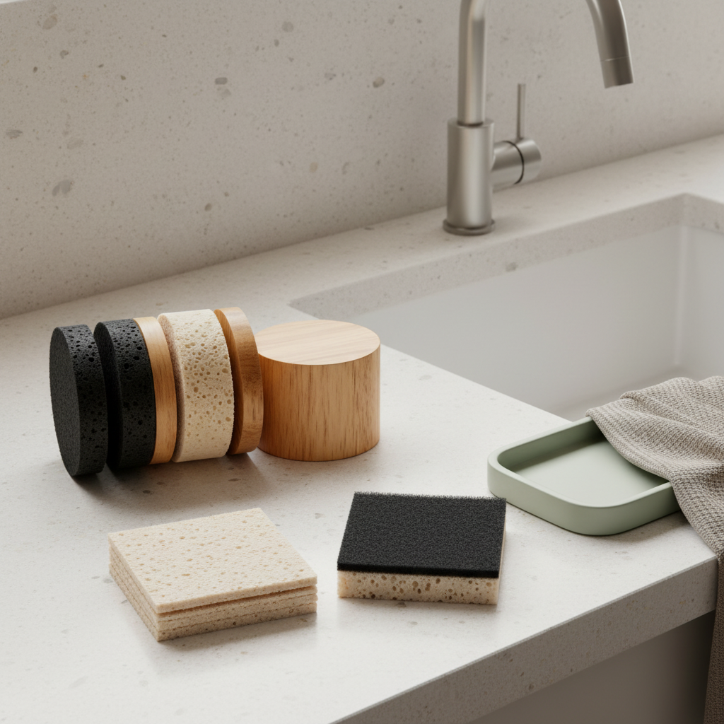 Wood cleaning sponge set styled on a minimalist stone bathroom surface