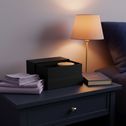 Wood-lid home fragrance gift set styled on a cozy bedroom nightstand