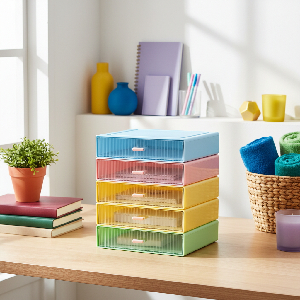 Pastel multi-drawer organizer styled with books plants stationery and colorful accessories