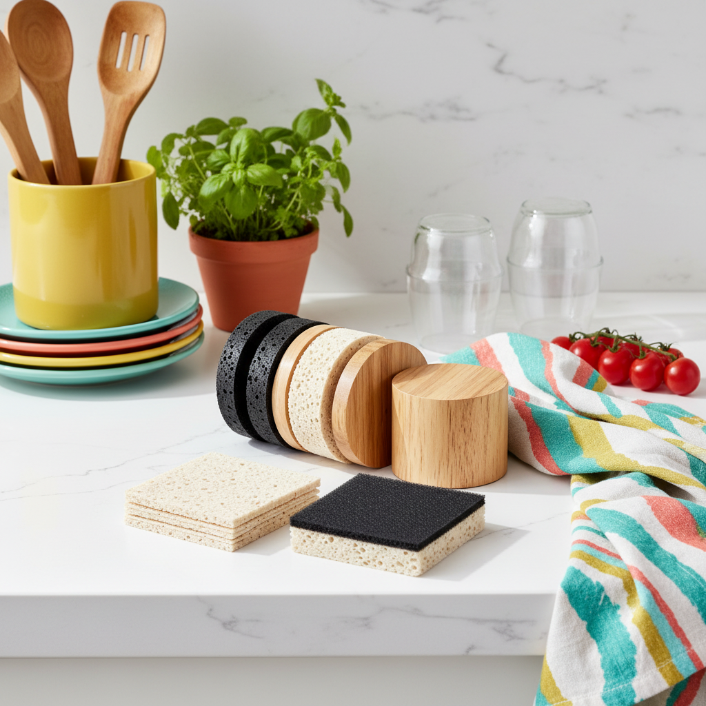 Wood and dual-texture cleaning sponge set on a colorful kitchen countertop