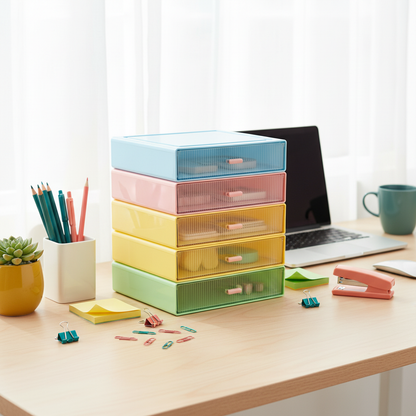 Pastel multi-drawer organizer holding stationery and desk accessories in a home office