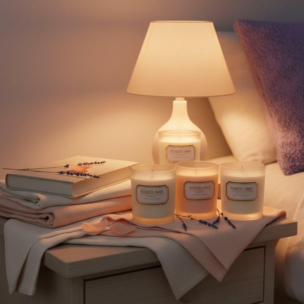 Five-piece frosted glass candle set styled beside linen and a book in a cozy bedroom
