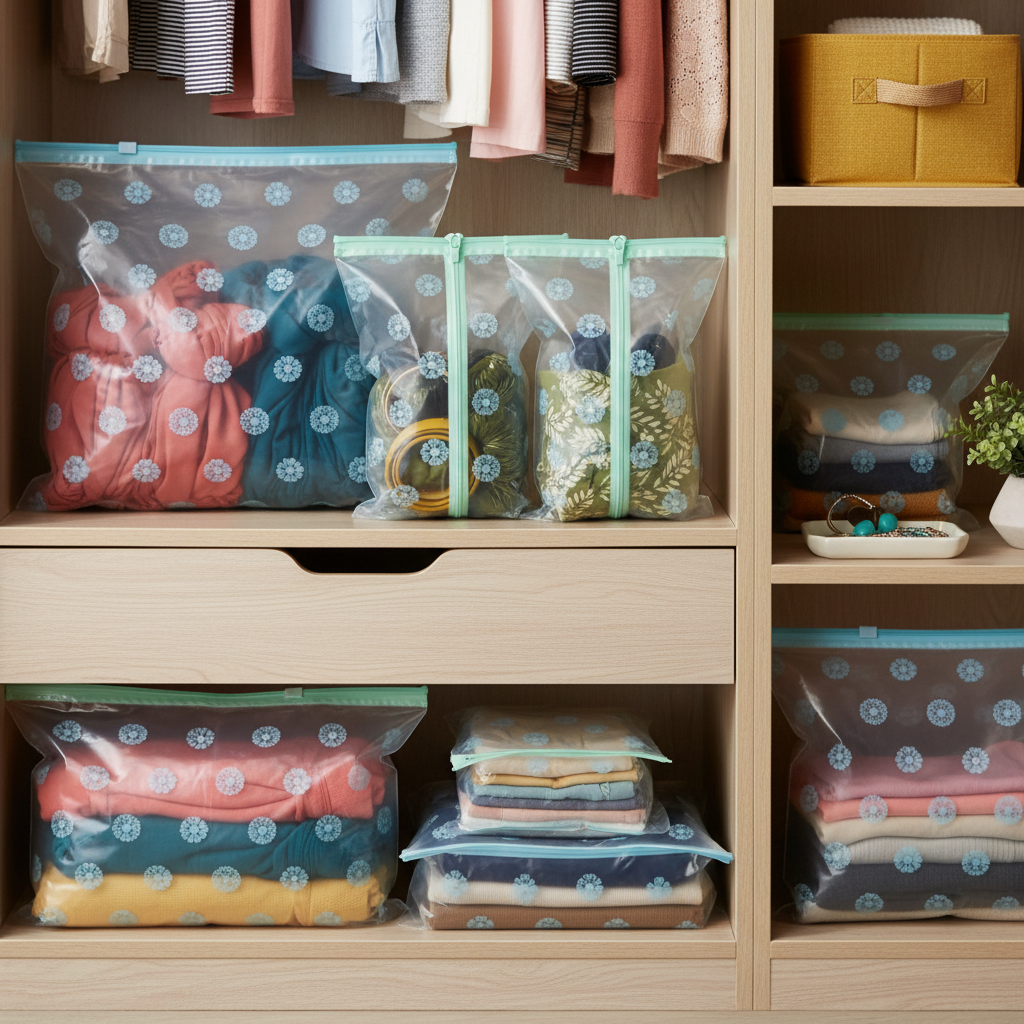 Clear floral zip storage bags organizing scarves and accessories in a wardrobe