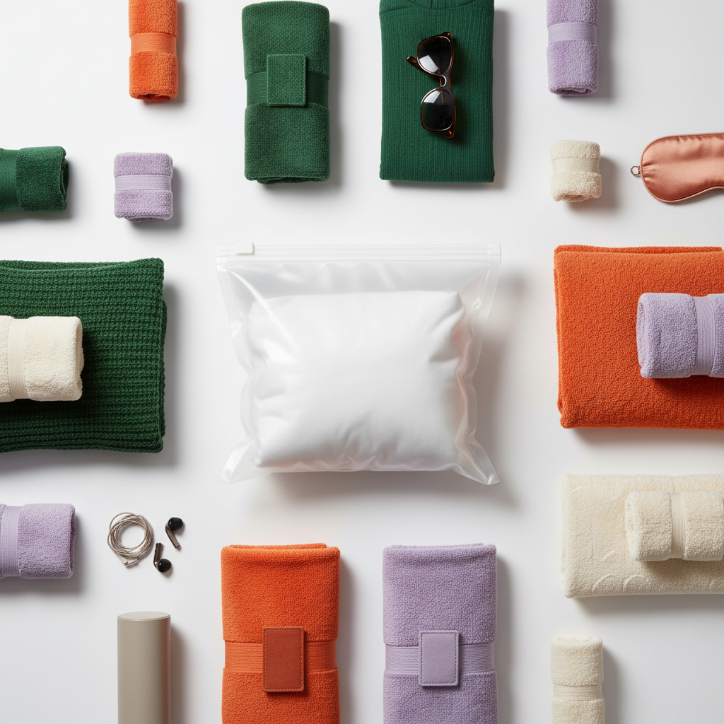 Clear reusable vacuum storage bag surrounded by folded clothes and towels