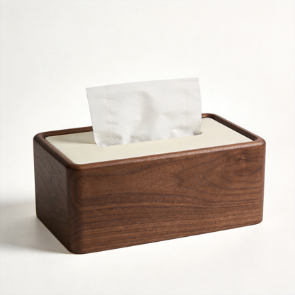 Walnut wood-look tissue box cover with rounded corners and a white tissue emerging from the top