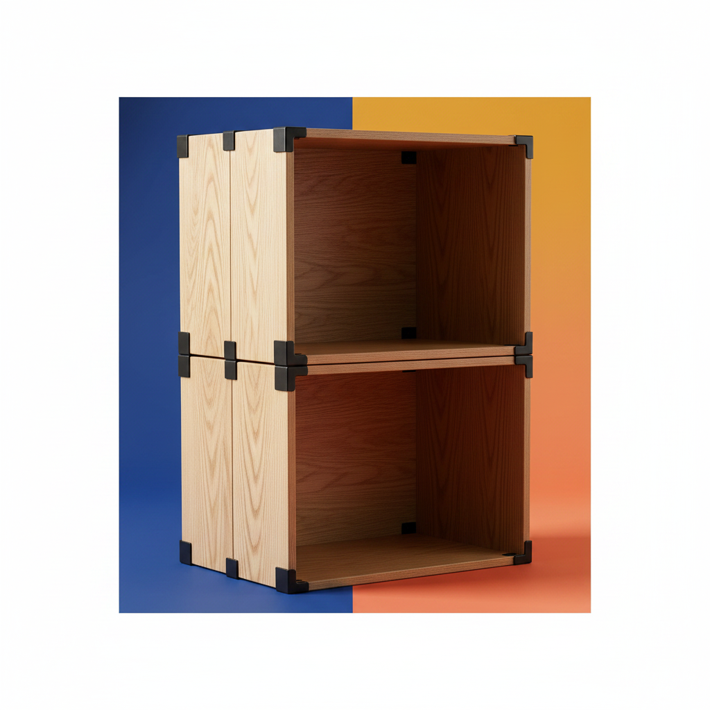 Several open wooden storage crates arranged as a flexible cube shelving system