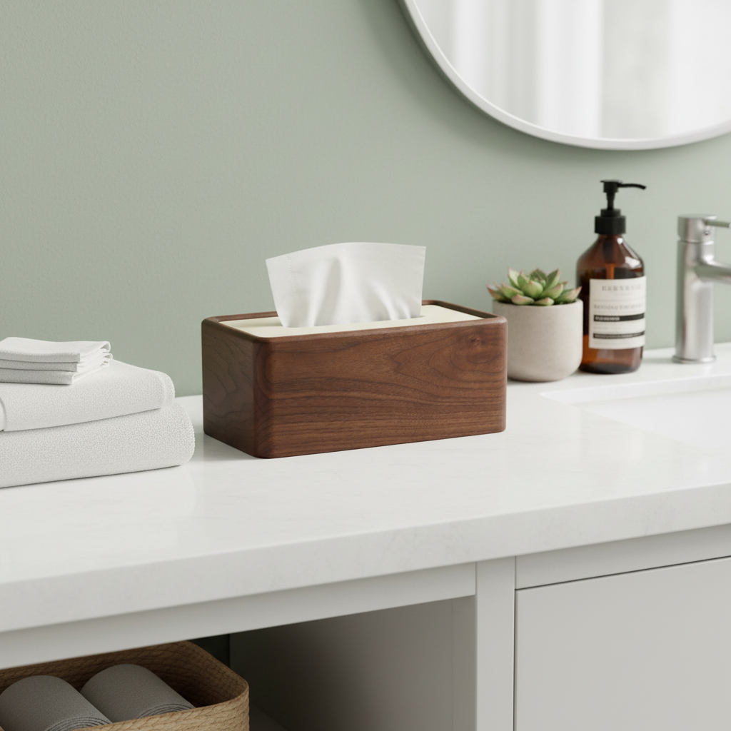 Walnut wood tissue box cover styled on a colorful modern bathroom vanity