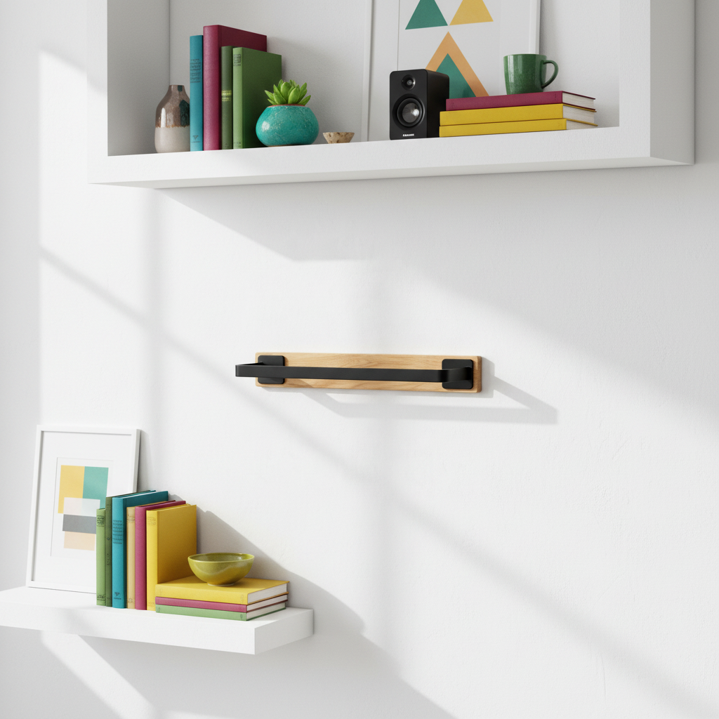 Oak and black wall shelf styled with colorful books, art, plant, speaker, and ceramics