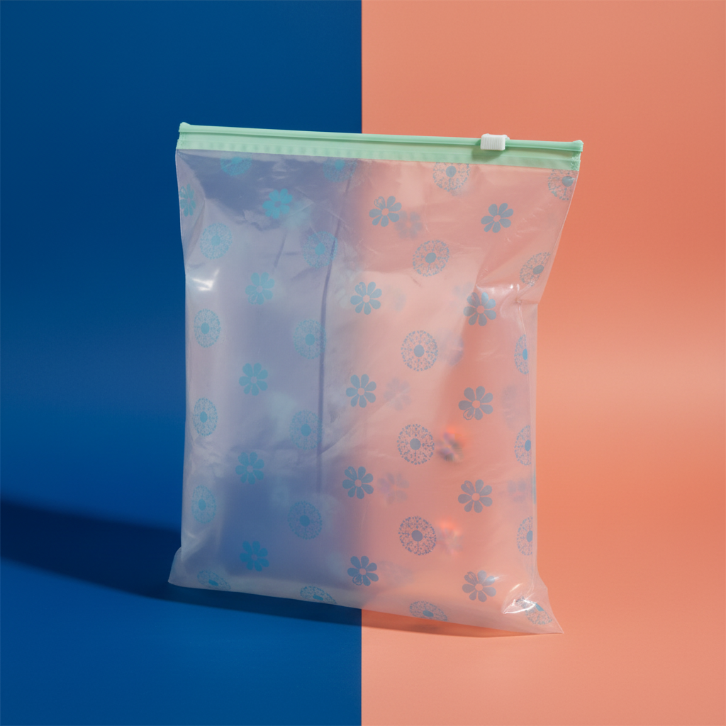 Close-up of the clear floral storage bag material and colorful zipper closure