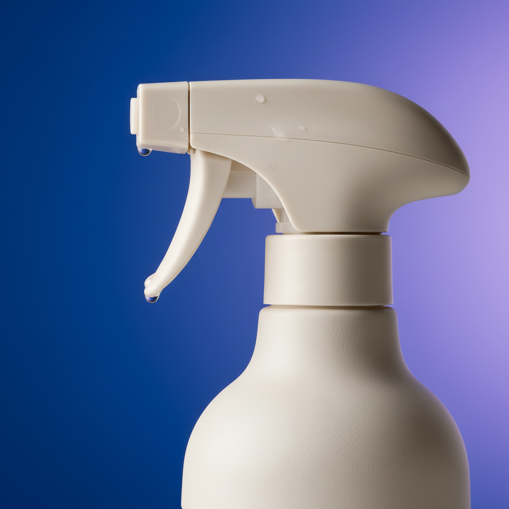 Close-up of the ivory trigger, nozzle and clear bottle edge of a refillable spray bottle