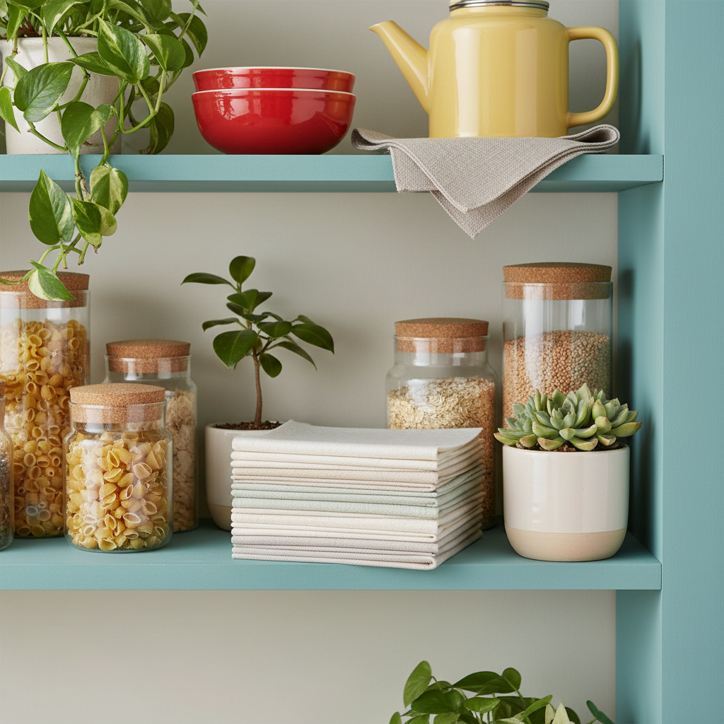 Neutral reusable cleaning cloths stacked on a colorful kitchen shelf with jars and houseplants