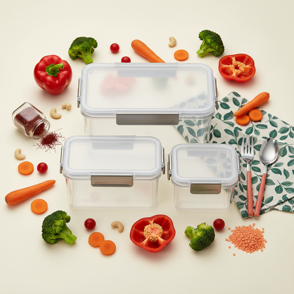 Clear snap-lock food containers surrounded by fresh vegetables, utensils and pantry ingredients