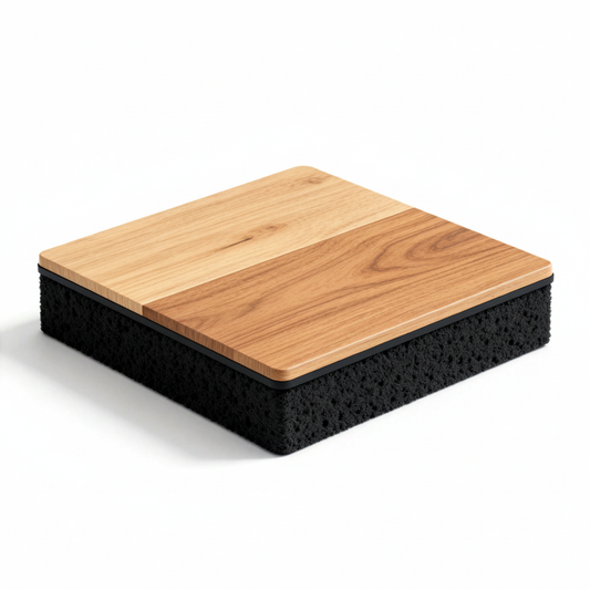 Wood-top black sponge cleaning scrubber on a white background