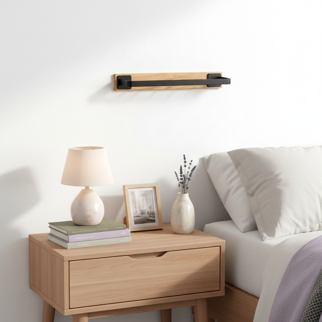 Oak and black wall-mounted shelf styled with books, framed photo, lamp, and vase in a bedroom