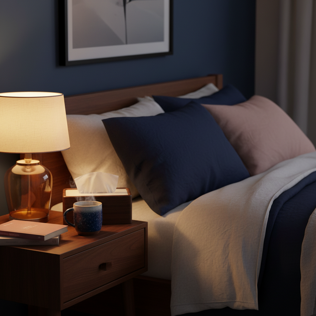Walnut wood tissue box cover on a cozy bedroom bedside table