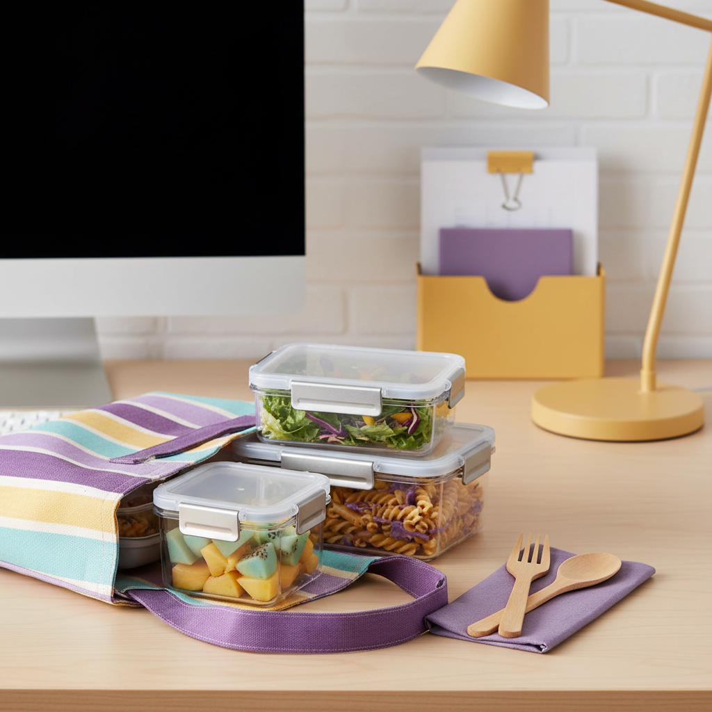 Transparent food storage containers arranged in a colorful office lunch setup beside reusable utensils