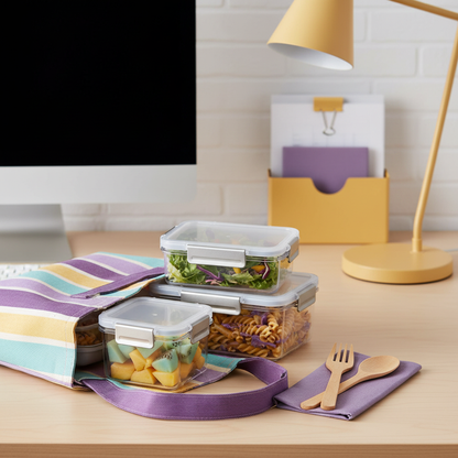Transparent food storage containers arranged in a colorful office lunch setup beside reusable utensils