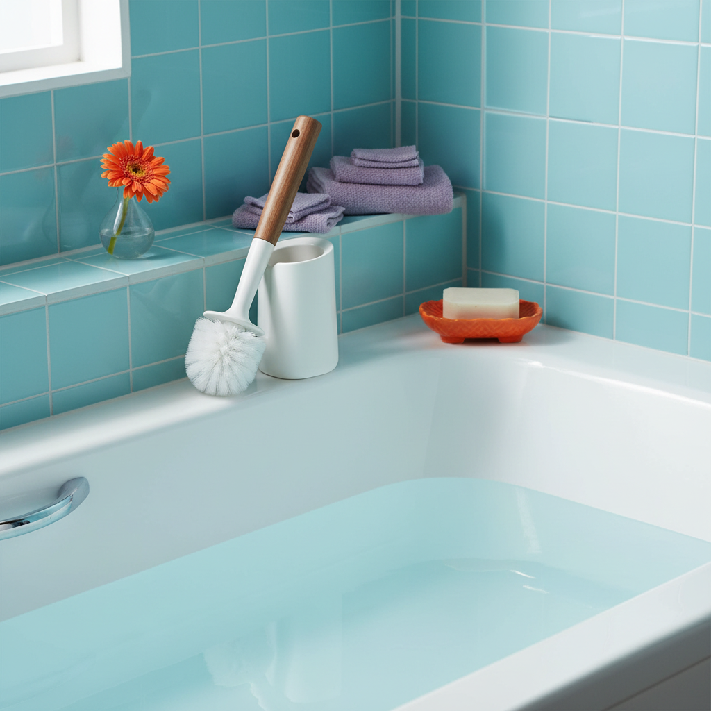 Ceramic bathroom cleaning brush and holder beside a clean bathtub with colorful tile accents